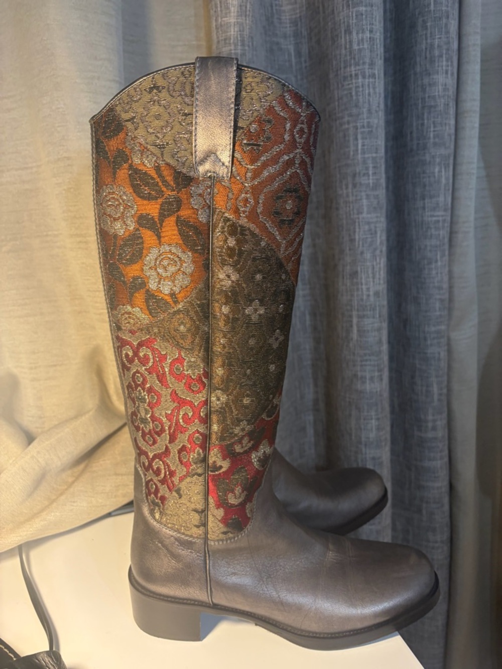 Donald J. Pliner Metallic Silver Leather and Multicolor Brocade Knee Boots - Picture 11 of 11